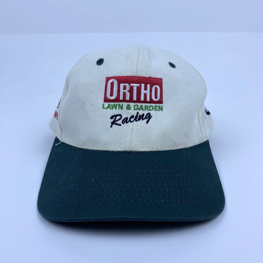 Vintage 80s Ortho Lawn Racing #35 Hardy Embroidered Tan Black Snapback Hat Cap